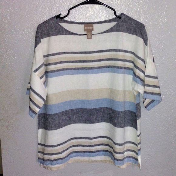 Chico's Striped Linen Blend Short Sleeve with Buttons 0/XS - Picture 1 of 7